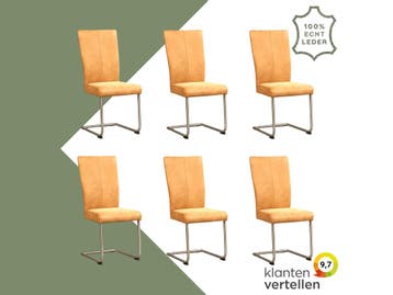 Set van 6 Leren eetkamerstoelen Dry - Kenia Cognac (cognac), Huis en Inrichting, Ophalen of Verzenden, Nieuw, Leer, Eén