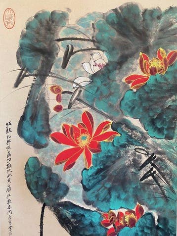 Lotus. inkt en kleur op papier. hangende rol Zhang Daqian -