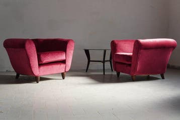 Fauteuil - Velours - Une paire de fauteuils lounge.