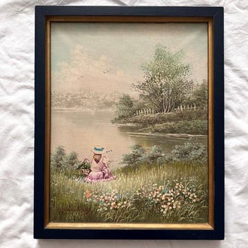 J. Novotny (XX) - Frau auf Blumenwiese am See