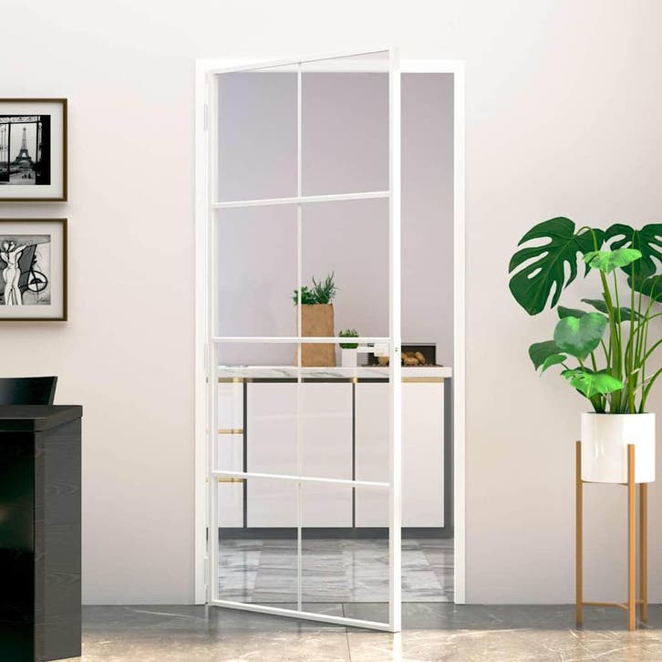 vidaXL Binnendeur 93x201,5 cm gehard glas en aluminium smal, Doe-het-zelf en Bouw, Deuren en Vliegenramen, Nieuw, Verzenden
