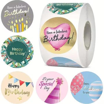 Sluitstickers happy birthday rond etiket 2,5 cm rol 500