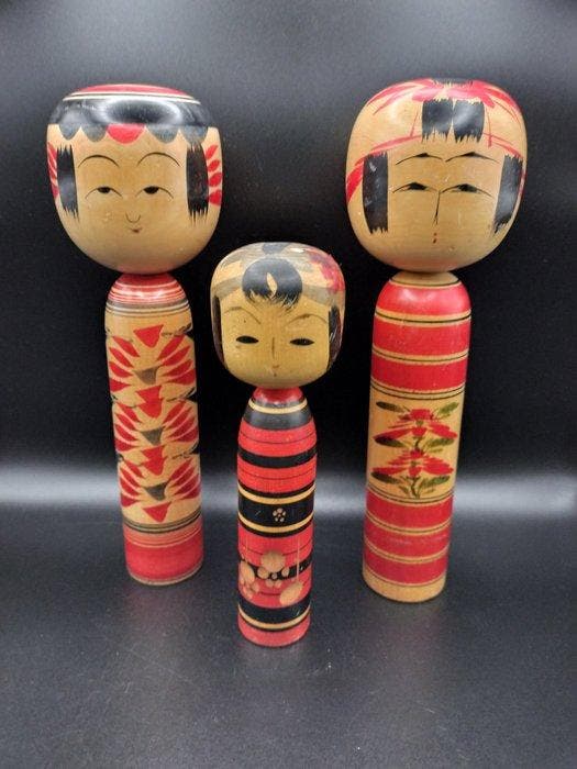 3x traditionele Kokeshi-poppen - Hout - Japan - Shwa, Antiquités & Art, Curiosités & Brocante