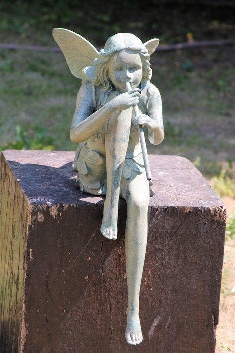 Figuur - bronzen fee met fluit voor huis of tuin - brons, Antiquités & Art, Art | Objets design