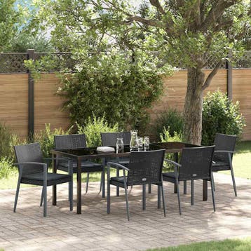vidaXL Tuin Eettafel Set 7 st Zwart en Grijs PE Riet, Verzenden, Nieuw