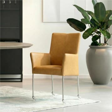 Set van 6 Leren eetkamerstoelen Comfort met wieltjes en, Ophalen of Verzenden, Nieuw, Leer