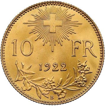 Zwitserland. 10 Francs 1922 10 Francs Swiss Gold Vreneli, Postzegels en Munten
