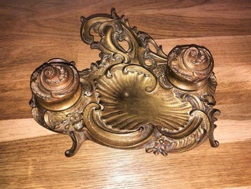 Rare Encrier Double Ancien en Bronze Doré - Style Rocaille /