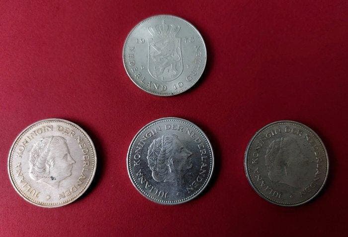 Nederland. 10 Gulden 4 zilveren munten 1970/1973 (Zonder, Postzegels en Munten, Munten | Nederland