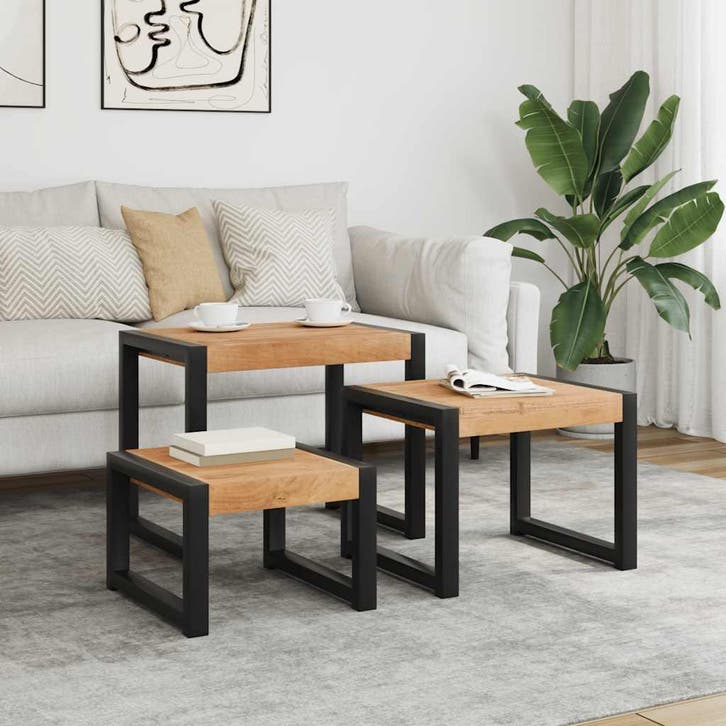 vidaXL Tafeltjesset 3 st massief hout, Maison & Meubles, Tables | Tables d'appoint, Envoi