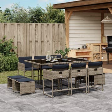 vidaXL 11-delige tuinset met kussens, grijs polyrotan, Verzenden, Tuinset