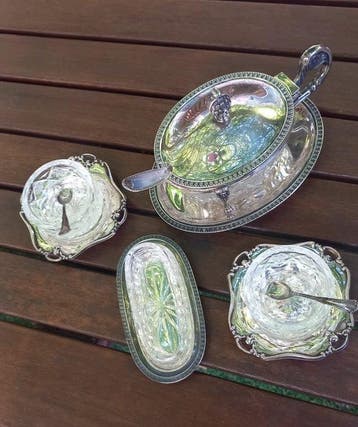 Tafelservies (4) - .800 zilver - Kaasbak met zoutstel, Antiquités & Art