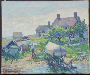 French school (XX) - Landscape with Fisherman and Boats