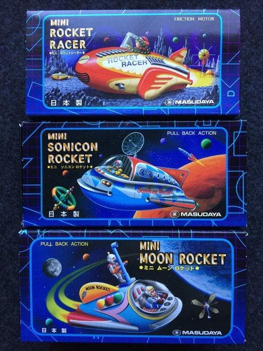 Masudaya - Blikken speelgoed - 3x Set Of Boxed Mini Space, Antiquités & Art, Antiquités | Jouets