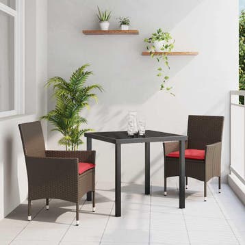 vidaXL Tafel en stoelen set met kussen 3 pcs Bruin PE Riet, Verzenden, Nieuw