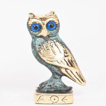 Sculpture, Ancient Greek Owl Bronze Statue on Podium –