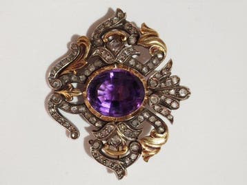 Broche - 19.2 kt. Geel goud Amethist - Diamant