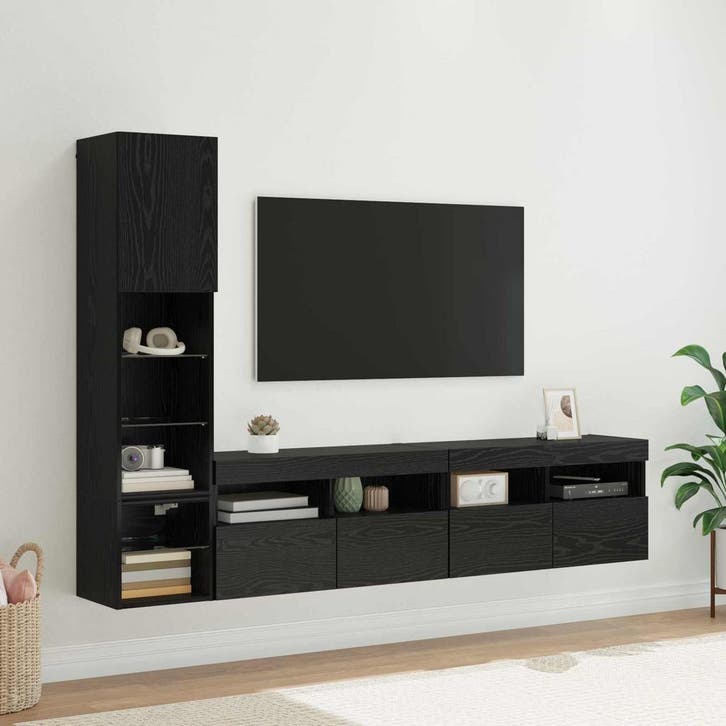 vidaXL TV Wand Eenheid 4 st Zwart Eiken Bewerkt hout, Maison & Meubles, Armoires | Mobilier de télévision, Envoi