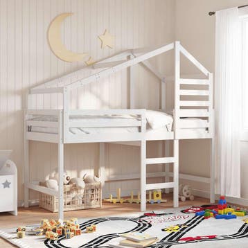 vidaXL Halfhoogslaper met ladder en bedhuis grenenhout wit, Verzenden