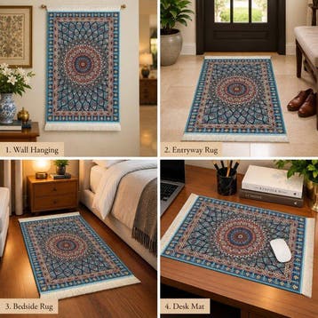 Hemelsblauw & Terracotta Luxe Zijden Tapijt met Prachtige, Maison & Meubles
