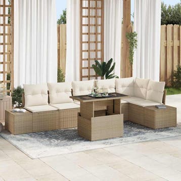 vidaXL Tuinbank Set 7 st Beige poly rattan, Verzenden, Nieuw