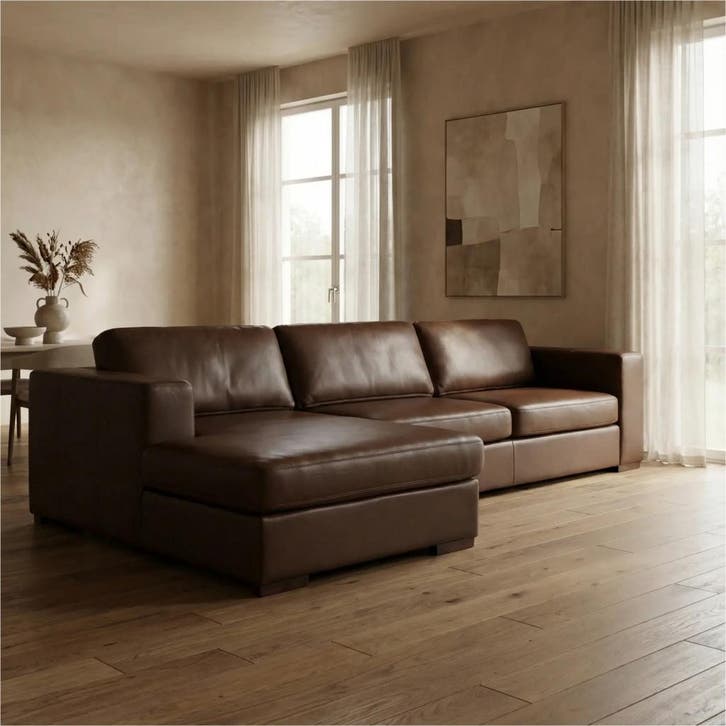 Leren hoekbank Flow - 2,5 zits arm rechts + longchair links, Huis en Inrichting, Zetels | Zetels, 250 tot 300 cm, 75 tot 100 cm