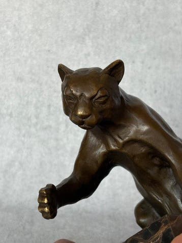 Beeld, Spelende kat - 14 cm - Brons, Marmer