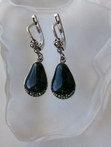 Argent, Onyx et marcasites - Boucles doreilles - Style Art