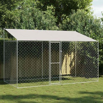 vidaXL Hondenkooi met dak zilver 400 x 200 x 256 cm Staal en, Dieren en Toebehoren, Verzenden, Nieuw