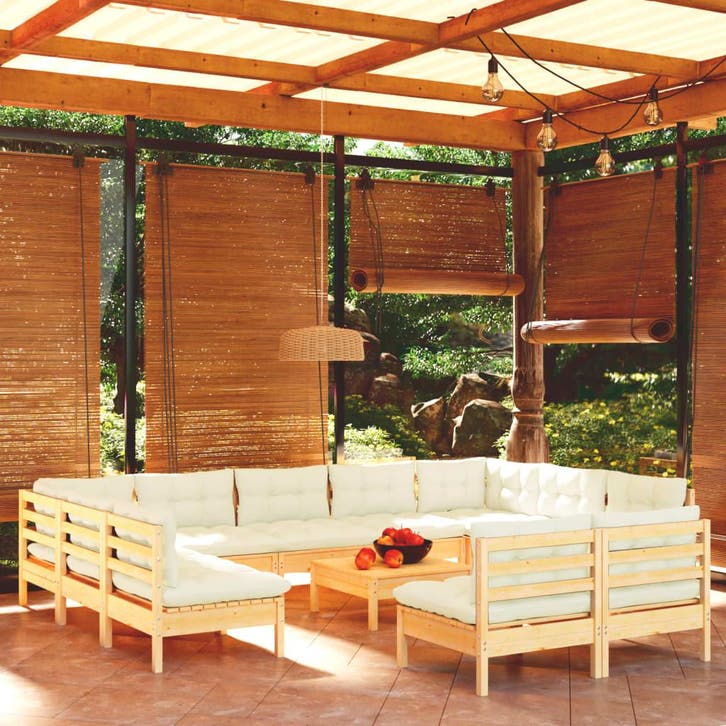 vidaXL 12-delige Loungeset met crèmekleurige kussens, Tuin en Terras, Tuinsets en Loungesets, Loungeset, Nieuw, Verzenden