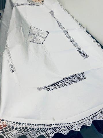 Vintage nappe bordure brodée a croché - Tafelkleed - 170 cm, Antiquités & Art