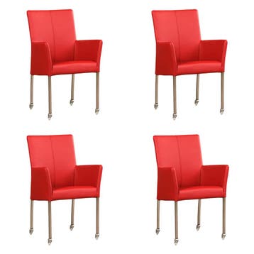 Set van 4 Leren eetkamerstoelen Comfort met wieltjes en, Ophalen of Verzenden, Nieuw, Leer, Eén
