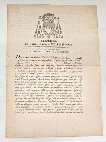 Document - Luigi Fransoni, Arcivescovo di Torino. Raro