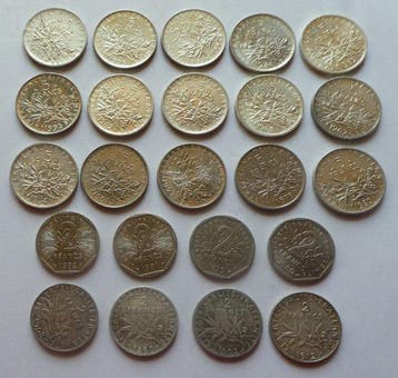 Frankrijk. Lot de 23 monnaies (1899/1995) dont 12 en argent