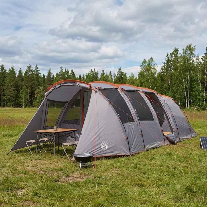 vidaXL Tunneltent Grijs en Oranje 675 x 392 x 210 cm, Caravans en Kamperen, Tenten, Nieuw, Verzenden
