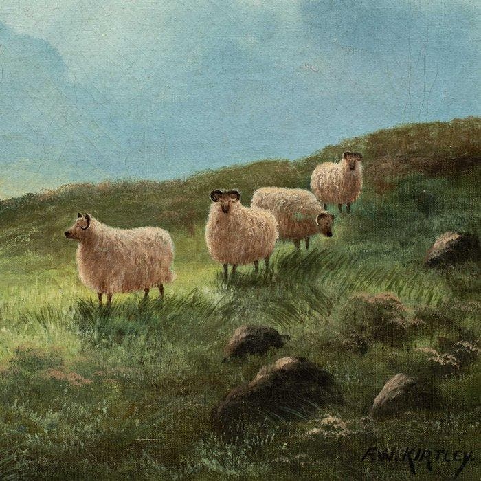 F.W. Kirtley (XIX) - Mountain Landscape with Sheep, Antiquités & Art, Art | Peinture | Classique