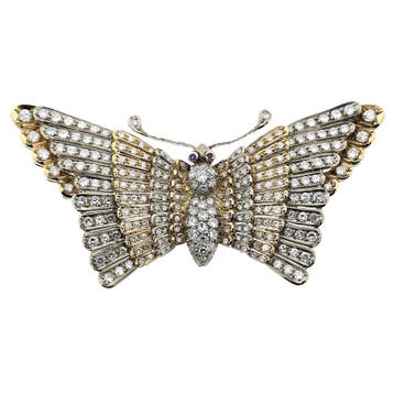 Exclusieve bicolor gouden vlinderbroche met robijn en dia..., Handtassen en Accessoires, Broches, Gebruikt, Ophalen of Verzenden