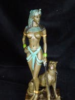 Sculpture, XL Bronzen Beeldje Cleopatra met hond in Kleur -