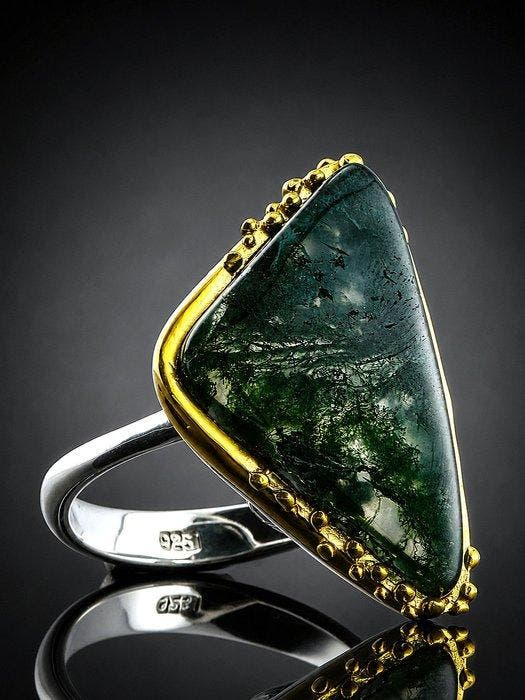 Argent, Agate mousse - Bague - Élégance forestière, Collections, Minéraux & Fossiles