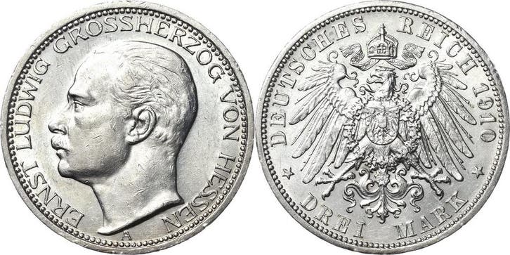 3 Mark 1910 Hessen Ernst Ludwig 1892-1918, Timbres & Monnaies, Monnaies | Europe | Monnaies non-euro, Envoi