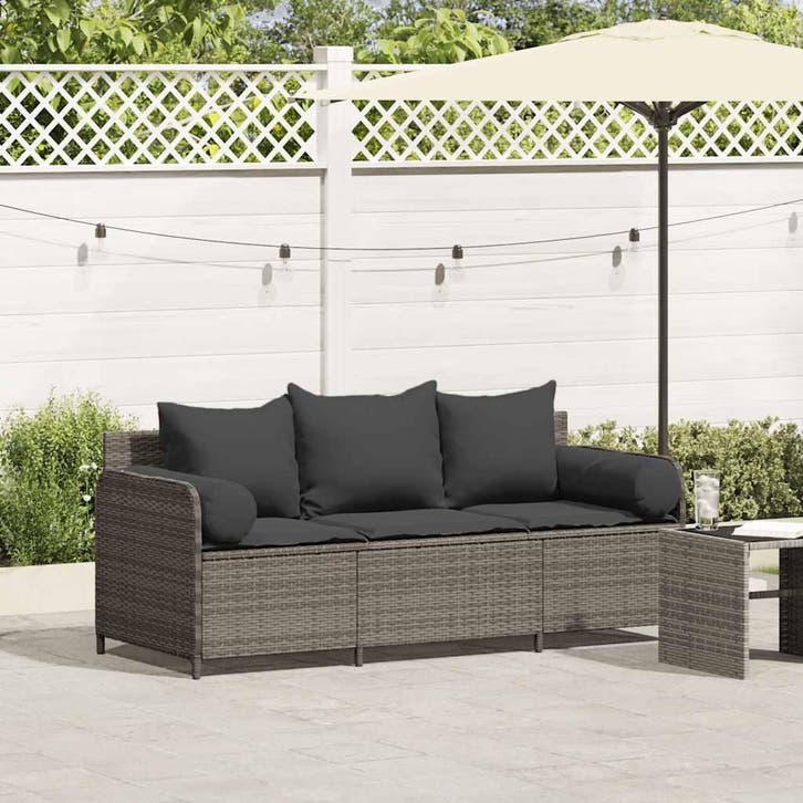 vidaXL Tuinbank 3-zits met kussens poly rattan grijs, Tuin en Terras, Tuinsets en Loungesets, Nieuw, Verzenden