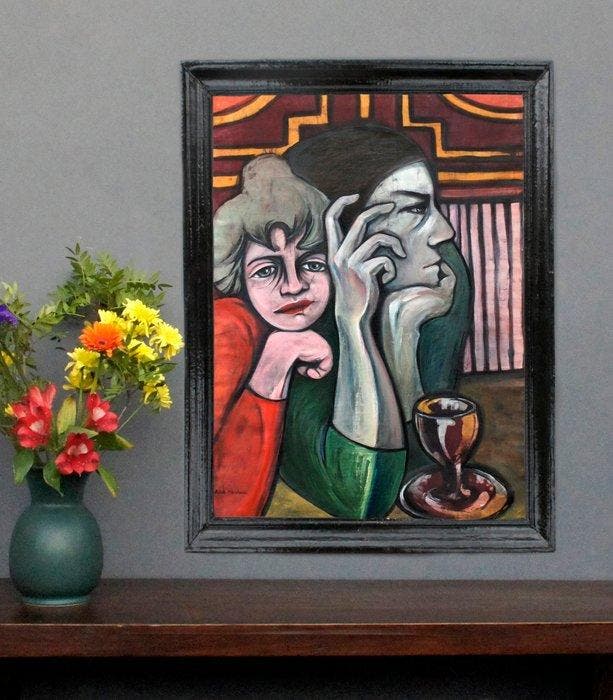 Adela M. - „Arlekin i jego dziewczyna”, obraz podwietlany,, Antiek en Kunst, Kunst | Schilderijen | Modern