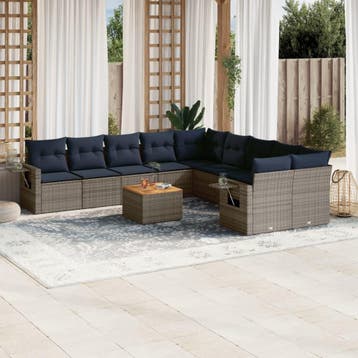 vidaXL 11-delige tuinbankset met kussens, grijs polyrotan, Verzenden