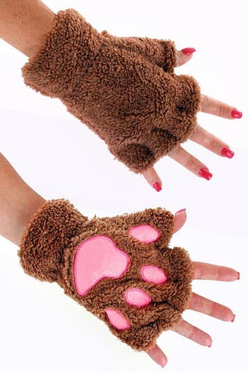 KIMU® Dierenpoot Vingerloze Handschoenen Bruin Pluche Vinger, Ophalen of Verzenden, Nieuw