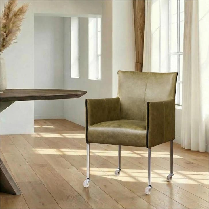 Leren eetkamerstoel More - Vintage Olive (olijf/groen) -, Huis en Inrichting, Stoelen, Overige kleuren, Nieuw, Leer, Ophalen of Verzenden