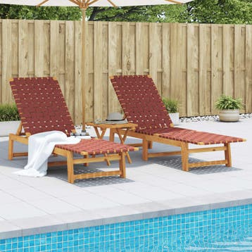 vidaXL Ligbedden 2 st met tafel massief acaciahout rood, Tuin en Terras, Verzenden, Nieuw