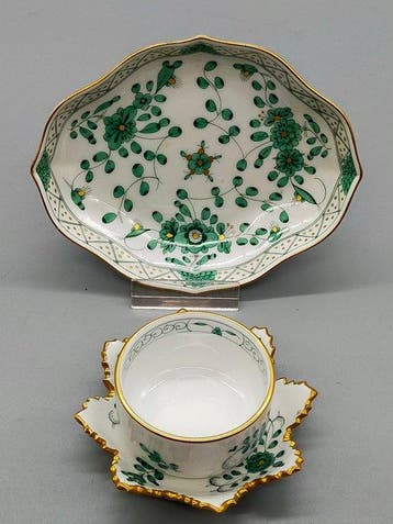 Meissen - Indische Malerei Grün – Anreibe-Set Schale & Dose