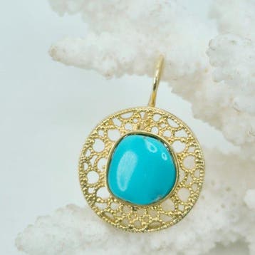 Turquoise - Argent, Plaqué or - Boucles doreilles -