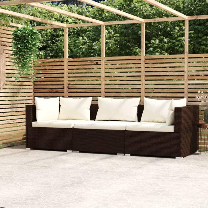 vidaXL Driezitsbank met kussens poly rattan bruin, Jardin & Terrasse, Ensembles de jardin, Envoi