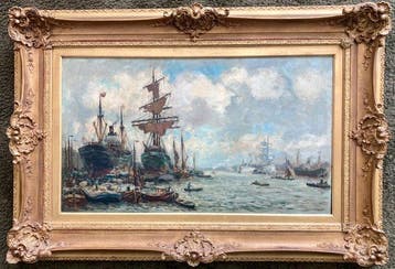 Evert Moll (1878-1955) - Driemaster in de haven, Antiek en Kunst